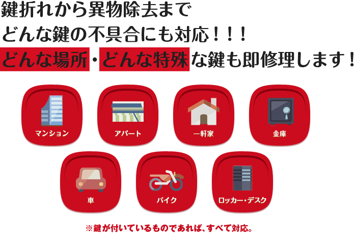 鍵折れから異物除去までどんな鍵の不具合にも対応!!!どんな場所・どんな特殊な鍵も即修理します!